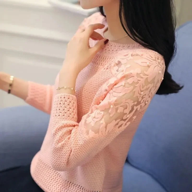 

2023 New Autumn Women Sweater Long Sleeve Knitted Sweaters Lace Female Openwork Trending Pullover Knitwear Jumper Pull