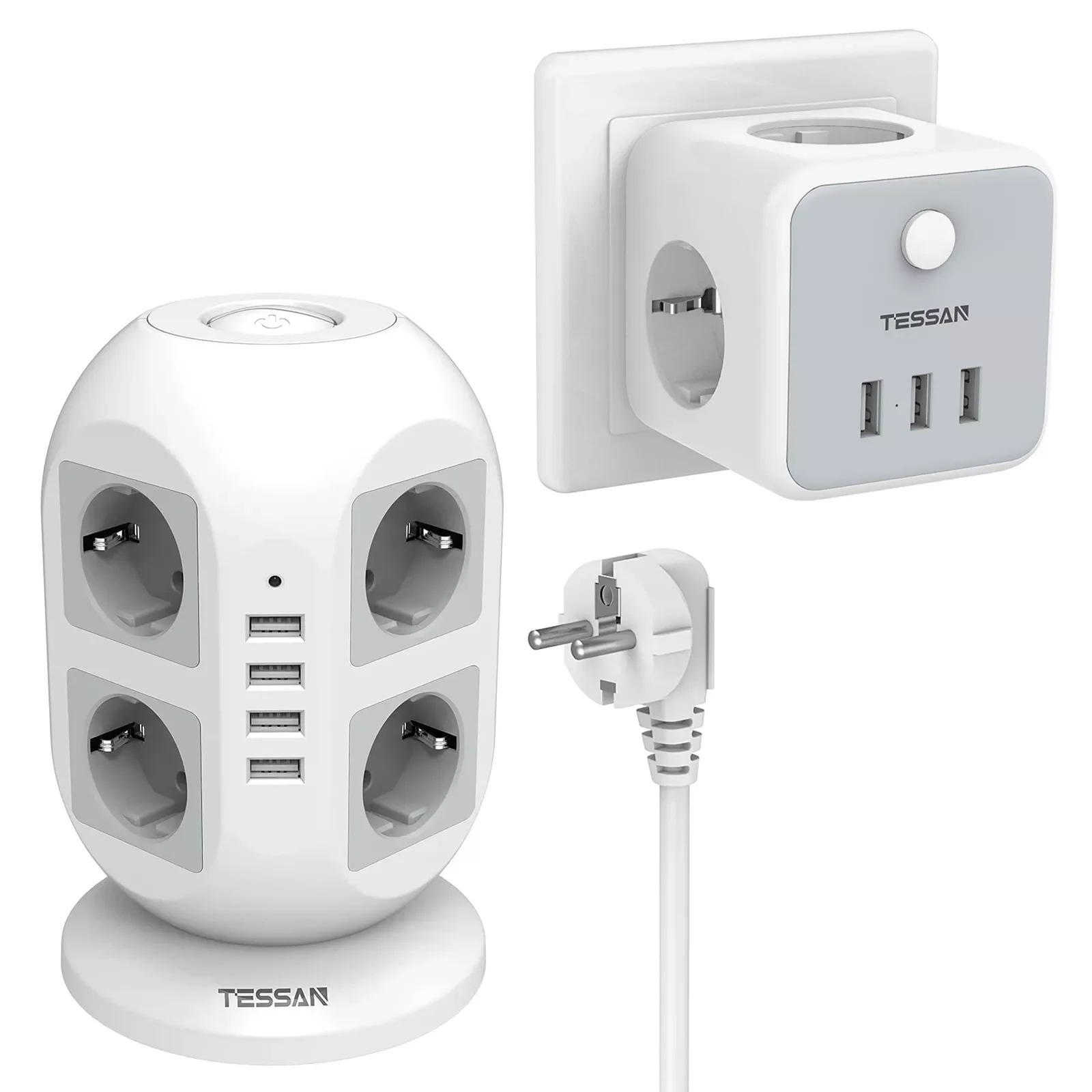 

TESSAN Sockets Overvoltage Protection, 8-Way Power Strip, Multiple Plug with 4 USB Ports, Socket Tower with Switch and 2M Cable