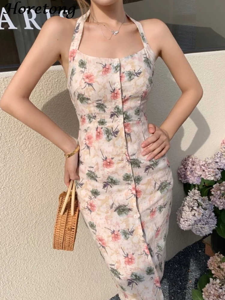 

Horetong Halter Sexy Backless Dress Summer Women Fashion Floral Elegant Midi Dresses Sleeveless Party Bodycon Slim Beach Vestido