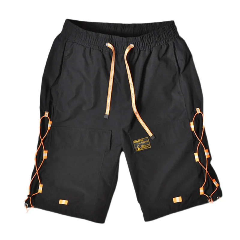 

Japanese Harajuku Short Pants Men Streetwear Style Mens Shorts Orange Bright Ribbon Drawstring Black Shorts Newest Mens Clothing