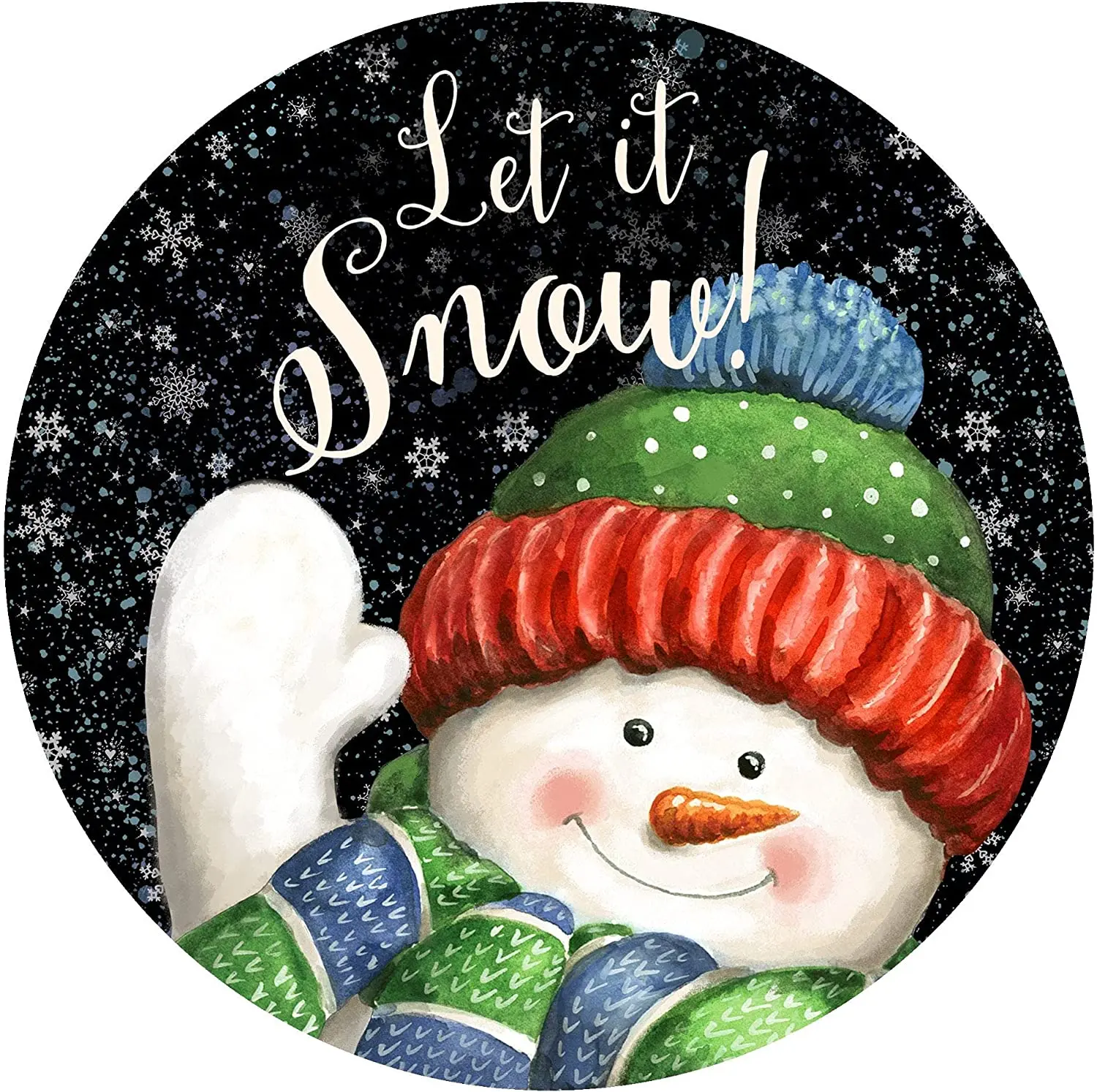 

Round Metal Tin Sign Rustic Wall Plaque Let it Snow Waving Snowman Suitable for Home Garden Kitchen Bar Cafe Restaurant Garage