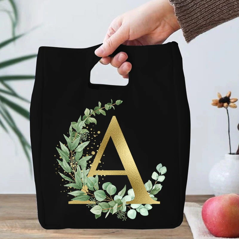 Watercolor Gold Floral Alphabet Set Collection with Green Leaves Lunch Bag Canvas Cooler Bags Thermal Food Picnic Storage Women