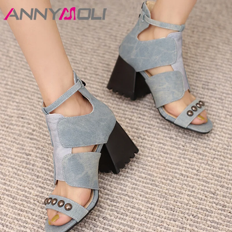 

ANNYMOLI Women Sandals Thick High Heels Round Toe Rivets Zipper Fashion Party Summer Shoes Black Brown Blue White 33-46