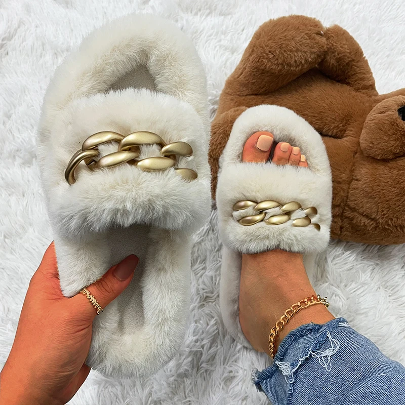 

Female Fluffy Fur Slides Plush Warm Slippers Matte Gold Chain Design Flip Flops Home Luxury Slippers Slip-On Thick Bottom Women