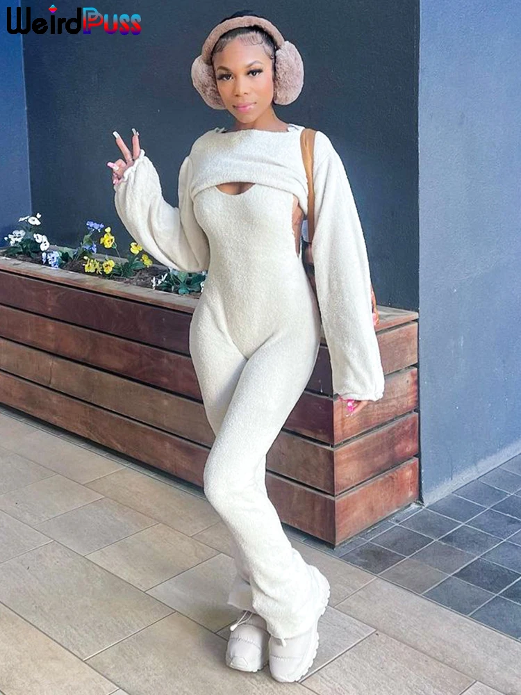 

Weird Puss Furry Autumn Women Tracksuit Casual 2 Piece Set Solid Crop Tops+Jumpsuit Hipster Streetwear Matching Elastic Outfits