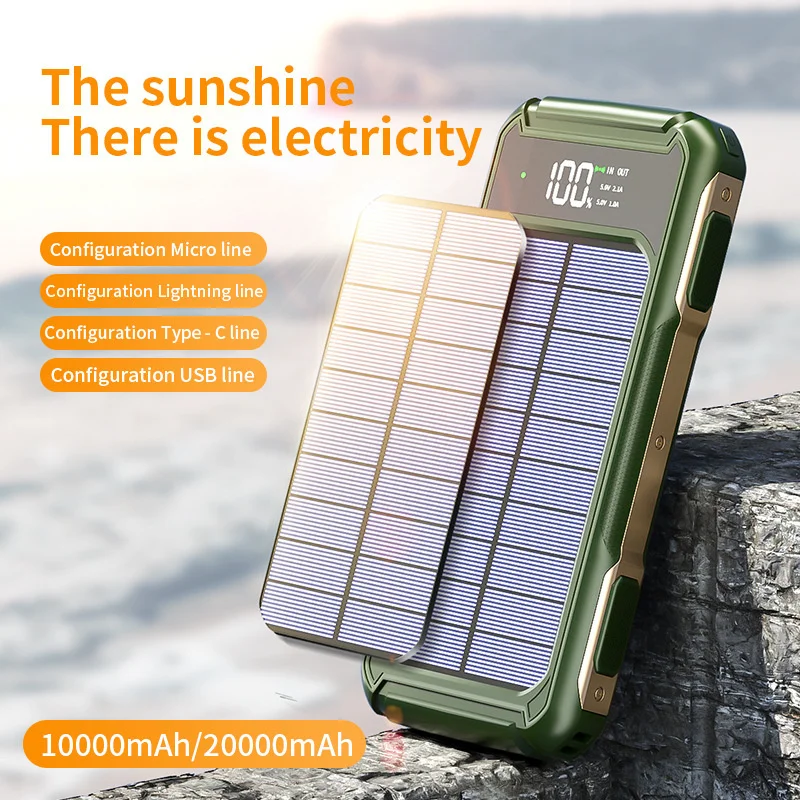 20000mAh Solar Power Bank Portable Large Capacity Solar Power Bank With 3 Charging Cable SOS Laser Light High Power Bank USB