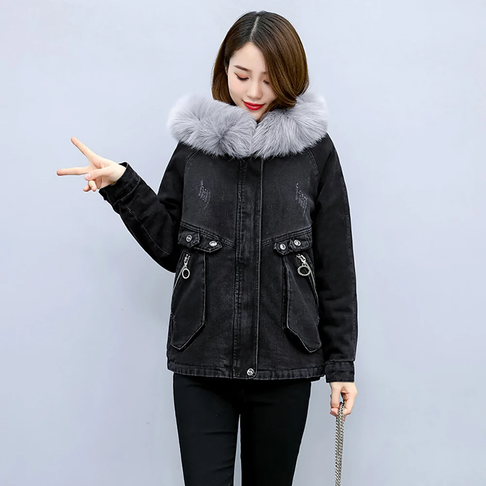 Женское зимнее джинсовое пальто с длинным рукавом и капюшоном новинка хлопковое