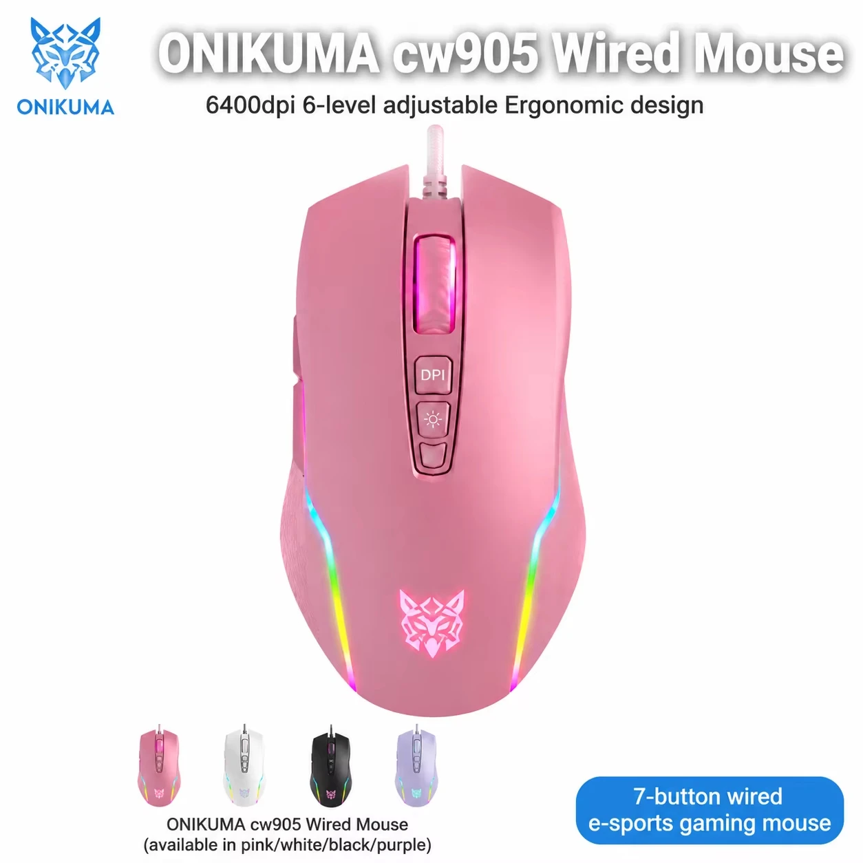 Фото Проводная игровая мышь 6400DPI, 7 кнопок, эргономичная, с RGB-подсветкой, оптическая, для ПК, ноутбука, настольного компьютера, геймеров, розовая, белая, фиолетовая №1