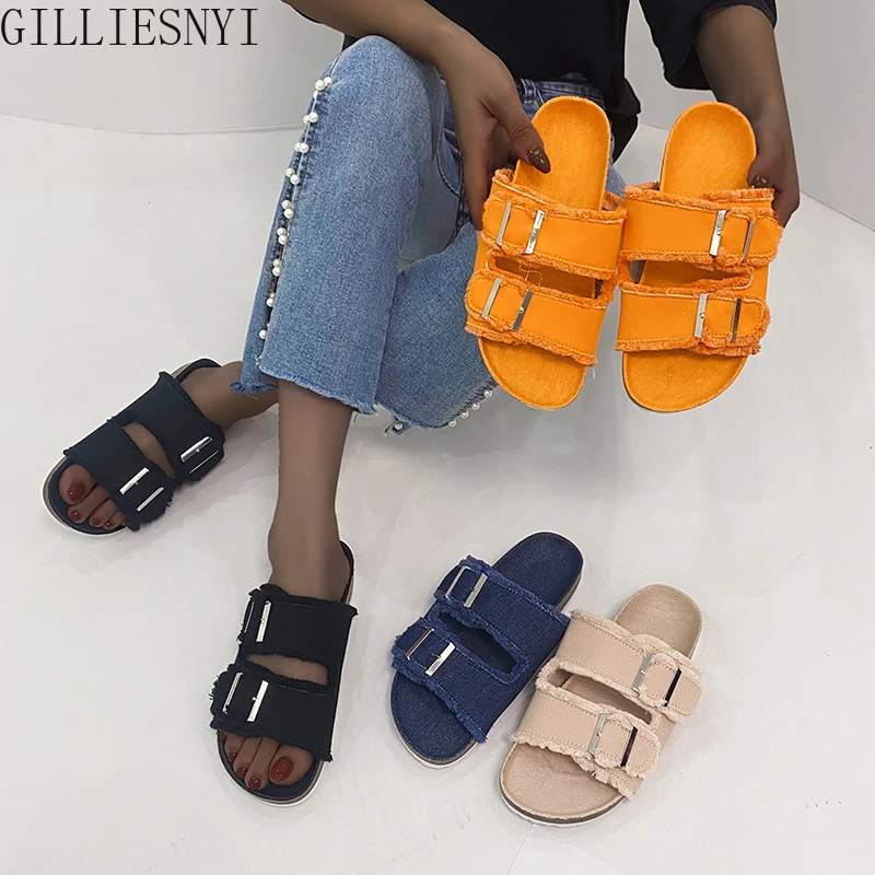 

2022 Summer New Fashion Design Women Slippers Canvas Metal Buckle Tassel Female Beach Shoes Flat Non-slip Ladies Shoes Plus Size