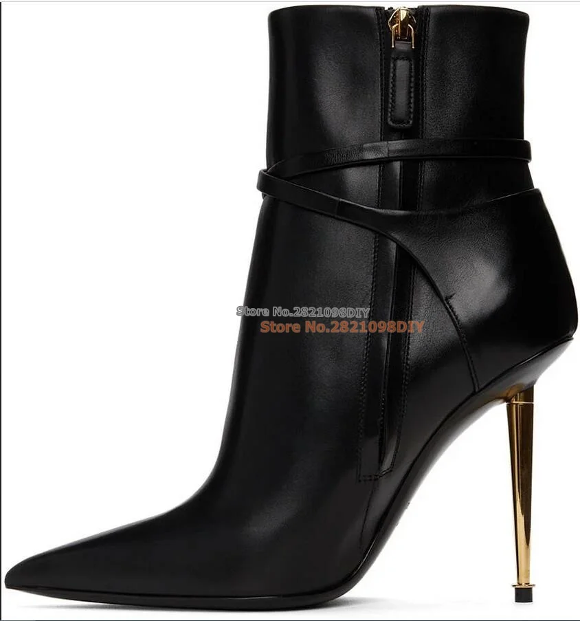 Women's Black Padlock Boots Pointed Toe Side Zipper Straps Short Boots Thin High Heel Ankle Boots Plus Size