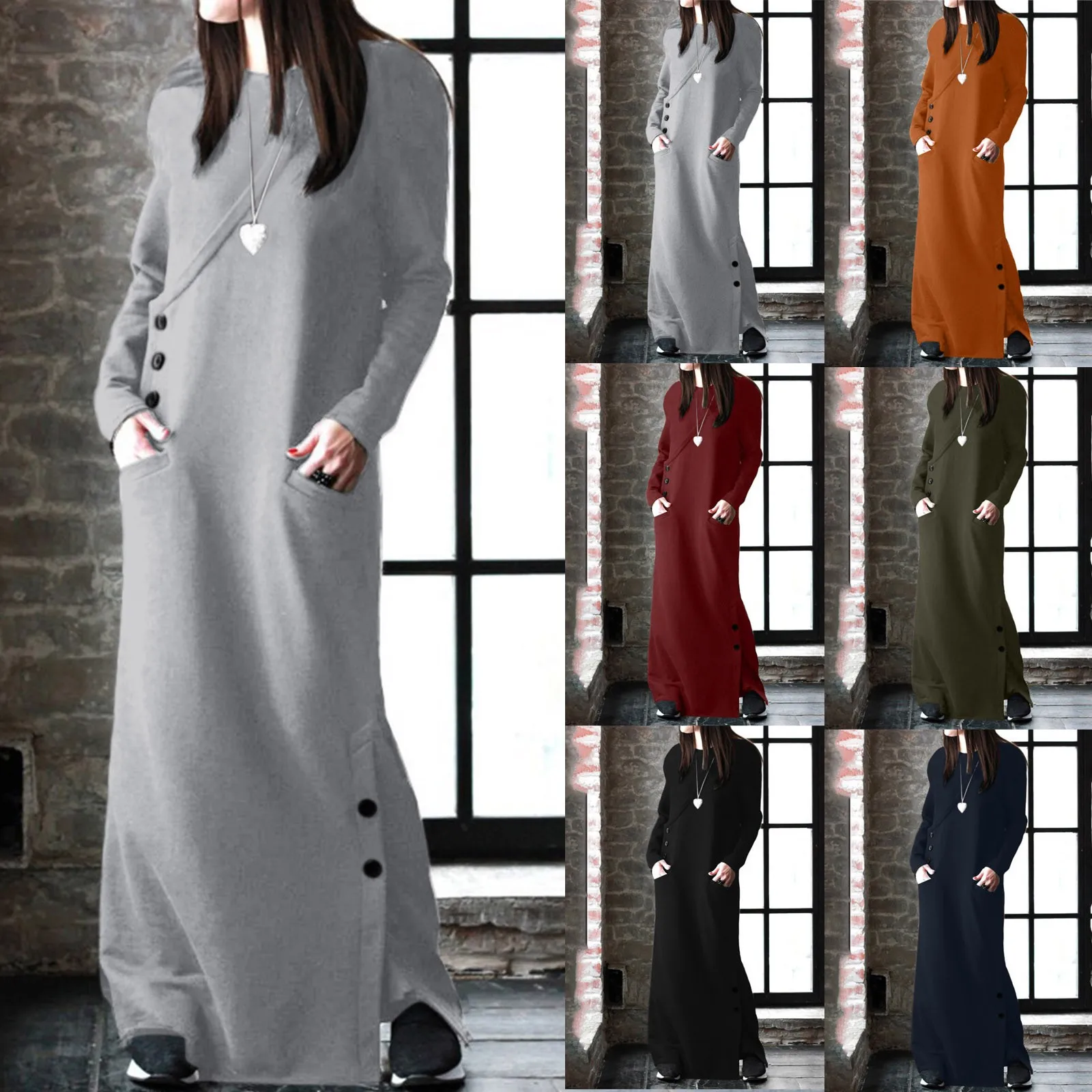 

Women Casual Solid Dress Round Neck Dress Button Pocket Long Sleeves Long Dress Form Fitting Dress