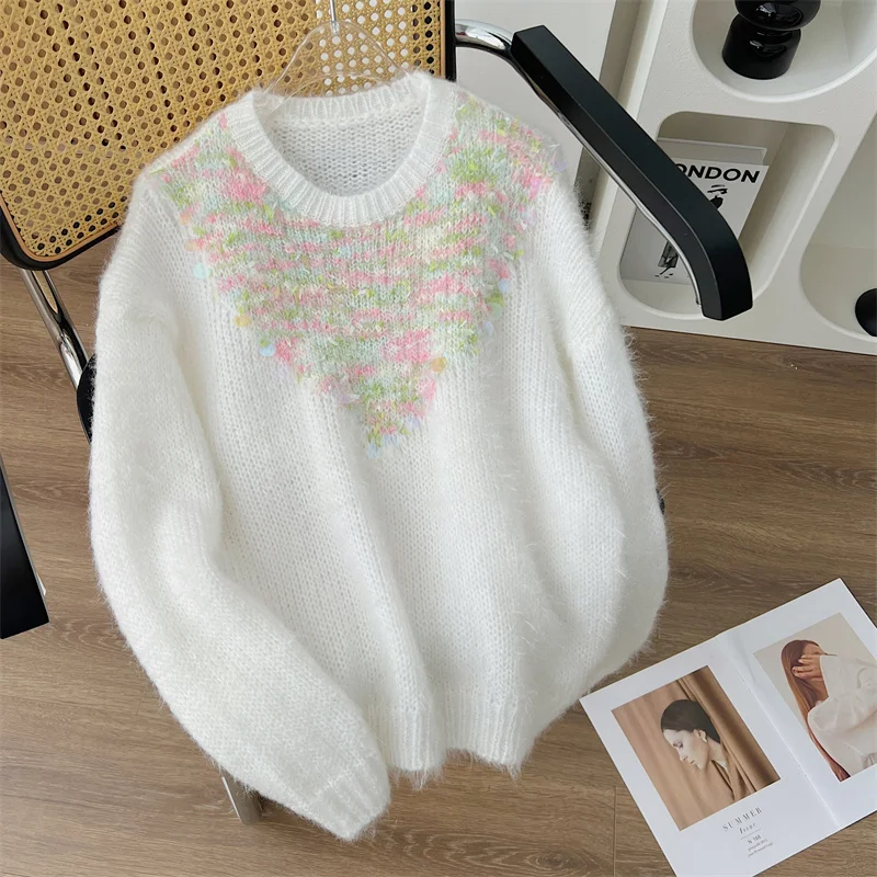 

Soft Glutinous Mohair Sweater Women Autumn Winter Loose Style Round Neck Sequin Design Solid Color Female Pullover Sweaters