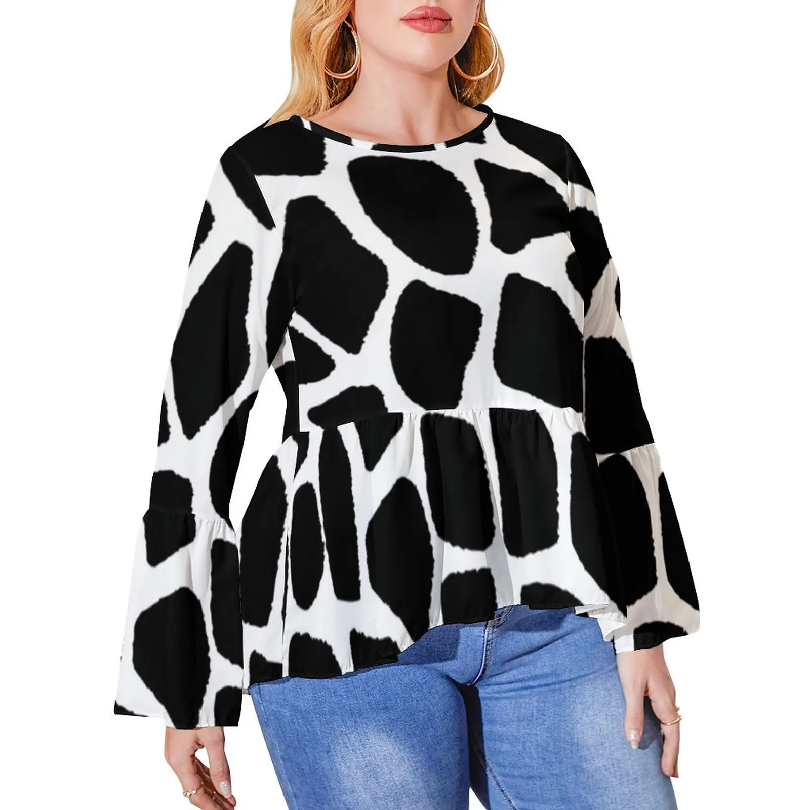 

Black And White Giraffe T Shirts Animal Print Cute T-Shirt Women Long Sleeve Fashion Tshirt Graphic Clothing Plus Size 4XL 5XL