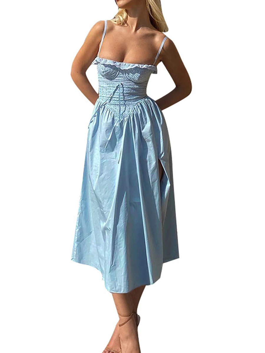 

Женское платье-корсет на бретелях-спагетти, платье-топ с кружевной отделкой и низким вырезом, длинное платье без рукавов с рюшами, летнее Повседневное платье