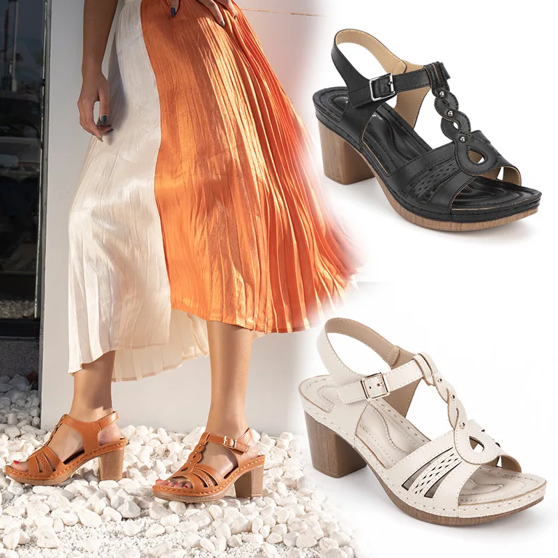 

Hot Summer New Women's Sandals Fashion Thick High-heeled Metal Buckle Stitching Ladies Sandals Leisure Female Comfort Rome Shoes