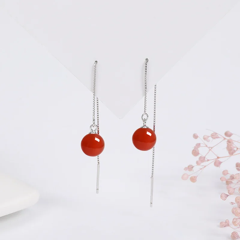 

LOSTSOUL 925 Sterling Silver Earline Women's Fashion Korean Long Tassel Agate Pendant Earrings Jewelry Trendy Anti-allergy