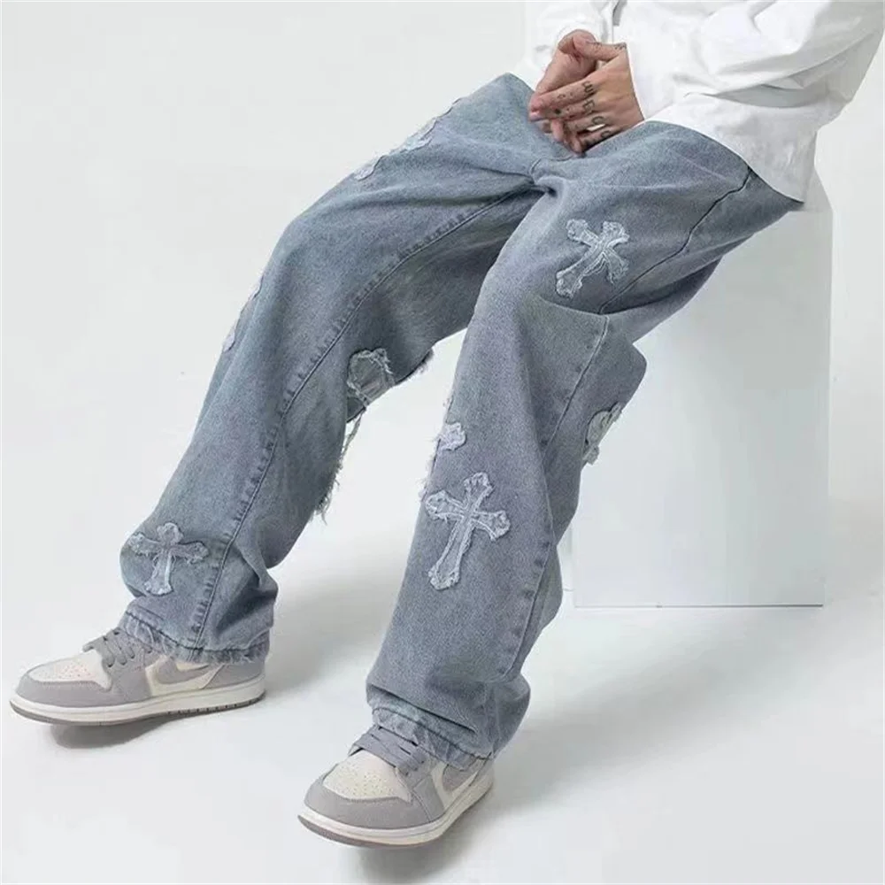Men Streetwear Baggy Jeans Trousers Cross Hip Hop European Mens Loose Jeans Pants Women Oversized Boyfriend Jeans Denim Jeans