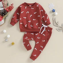 2023-09-13 Lioraitiin 0-3Y Christmas Baby Boys Girls Clothes Set Candy Cane Print Sweatshirt Pants 2pcs Suit Kids Casual Outfits