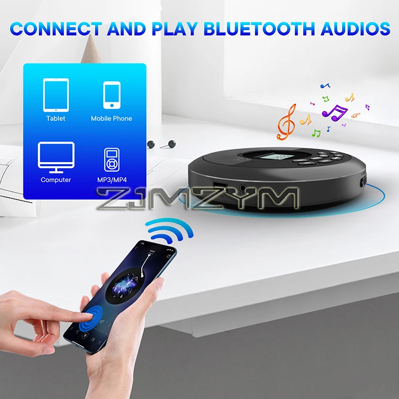 Портативный Bluetooth CD-плеер перезаряжаемый Discman с двумя динамиками стерео и