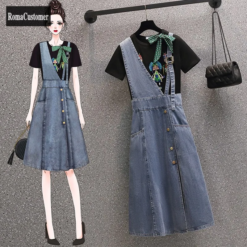 

Женский Повседневный комплект из двух предметов, футболка с коротким рукавом и джинсовый наряд на бретелях, большие размеры, лето