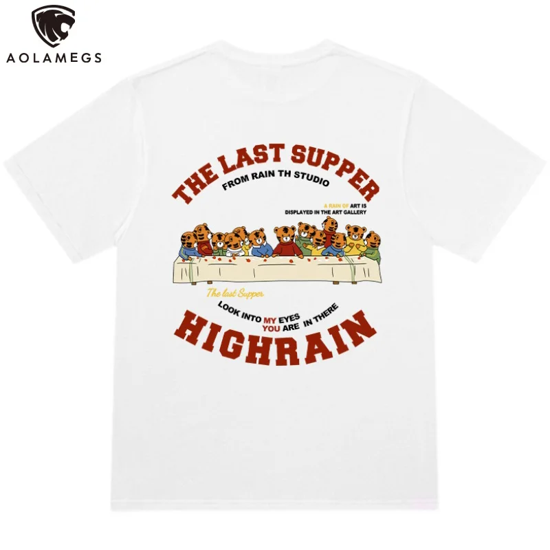 

Мужская хлопковая футболка с коротким рукавом Aolamegs, Повседневная футболка в стиле ретро, с забавным мультяшным принтом тигра и букв, топы в ...