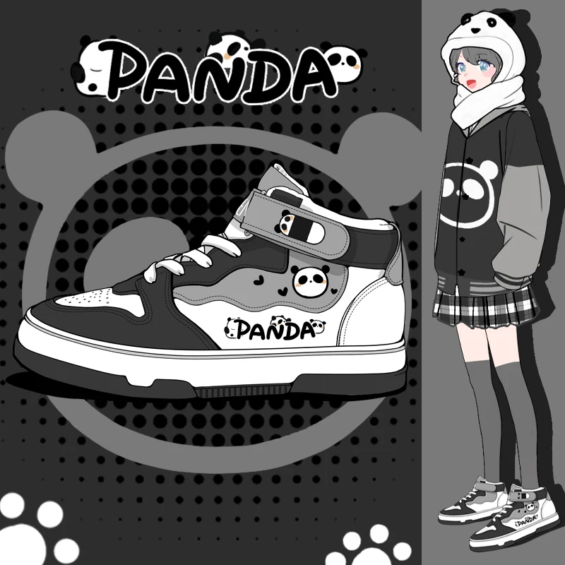 

Amy and Michael Fashion Anime Panda Shoes Lovely Girls Students Flat Casual Sneakers High Top Women Warm Plush Trainers Winter