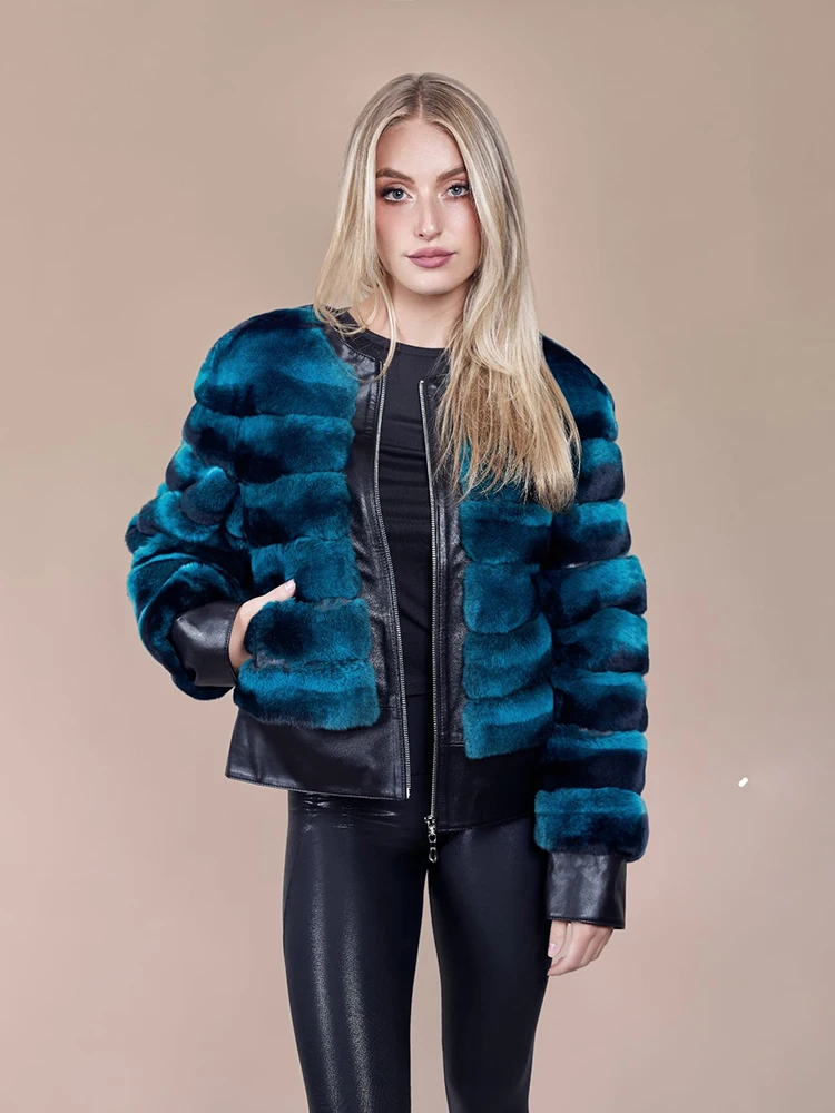 Enlarge Natural Real Sheepskin Patchwork Rex Rabbit Fur Coat Women Winter Streetwear Thicken Warm Luxury Genuine Fur Jacket Female