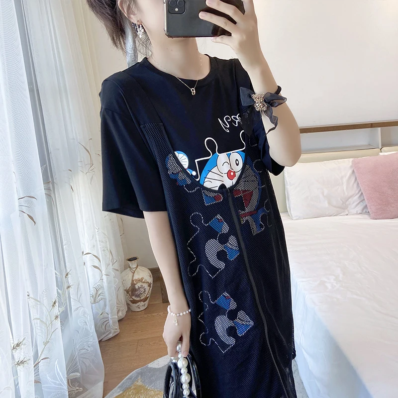 Mesh Fake Two Pieces Plus size Slimming Loose Chubby Girl Dress Age Reducing Western Sle Belly Covering Women Wear S...