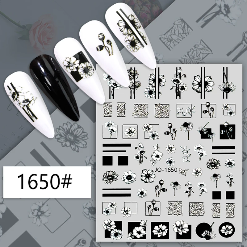 

Black White Flower English Nail Stickers Nail Art Decoration Gold Foil Geometric Shape Ribbon Nail Art Stickers Nail Supplies