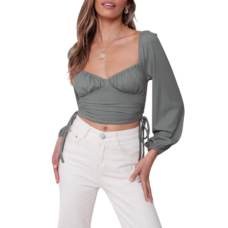 

Newest Arrival Women’s Casual Lantern Sleeve T-shirt Fashion Solid Color Square Collar Drawstring Exposed Navel Tops