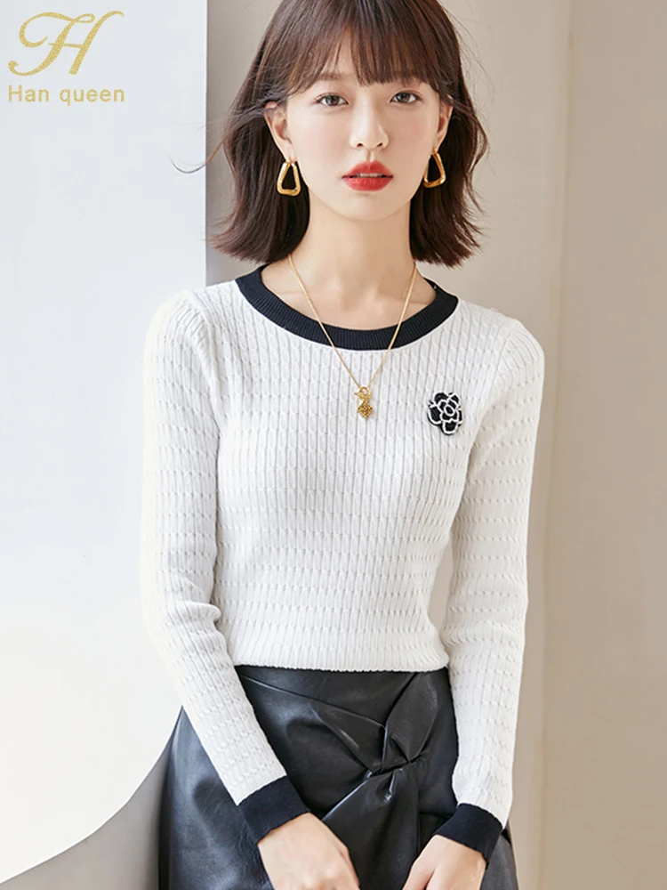 

H Han Queen Autumn Winter Tops Korean Elastic Knit Pullovers Sweaters O-Neck Color Blocking Bottoming Shirt Casual Sweater Women