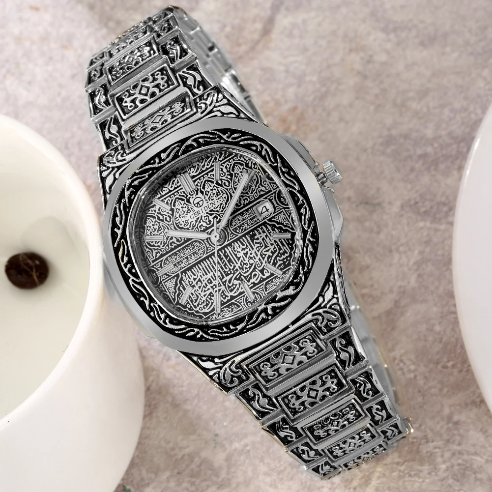 New Mens Watch Top Brand Luxury Silver Vintage Embossed Alloy Band Watch Fashion Business Quartz Wristwatch Gift for Boyfriend