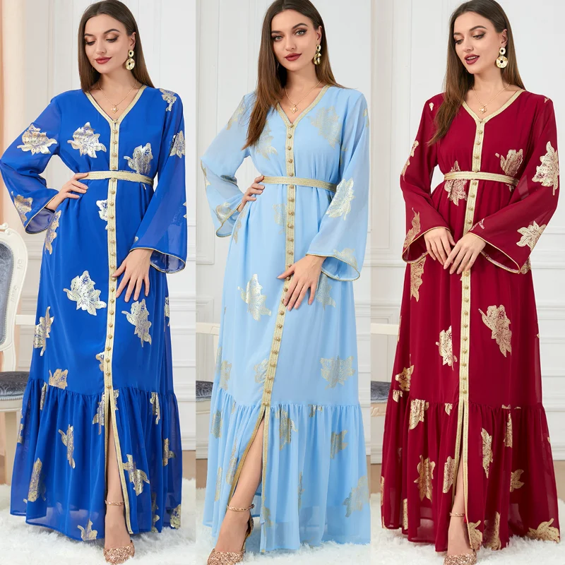 

Muslim Abayat Dress Fashion Long Sleeve Gold Plated Chiffon Dress Robe Femme Musulman Europe and America