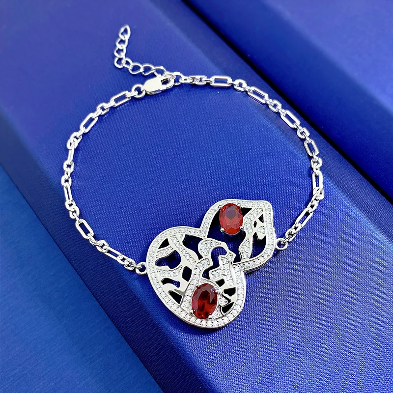 

022 new 925 silver egg-shaped red corundum 4*6 wishful gourd bracelet female Chinese style 17.5cm