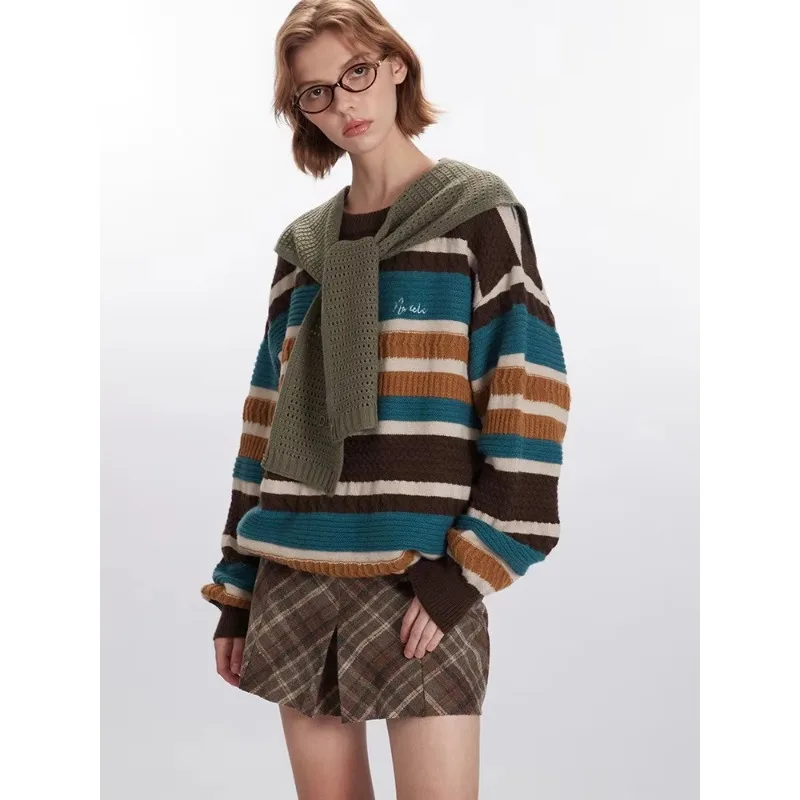 Nariele 2024 осенне-зимний винтажный радужный свитер женский топ полосатый вязаный