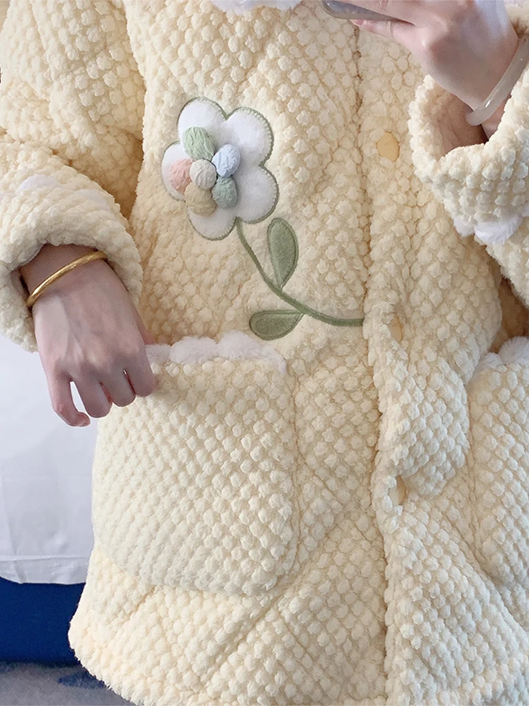 Coral Fleece Pajamas Women Autumn and Winter Quilted Three-Layer Thickened 2023 New Flannel Goose Yellow Spring Home Wear Set