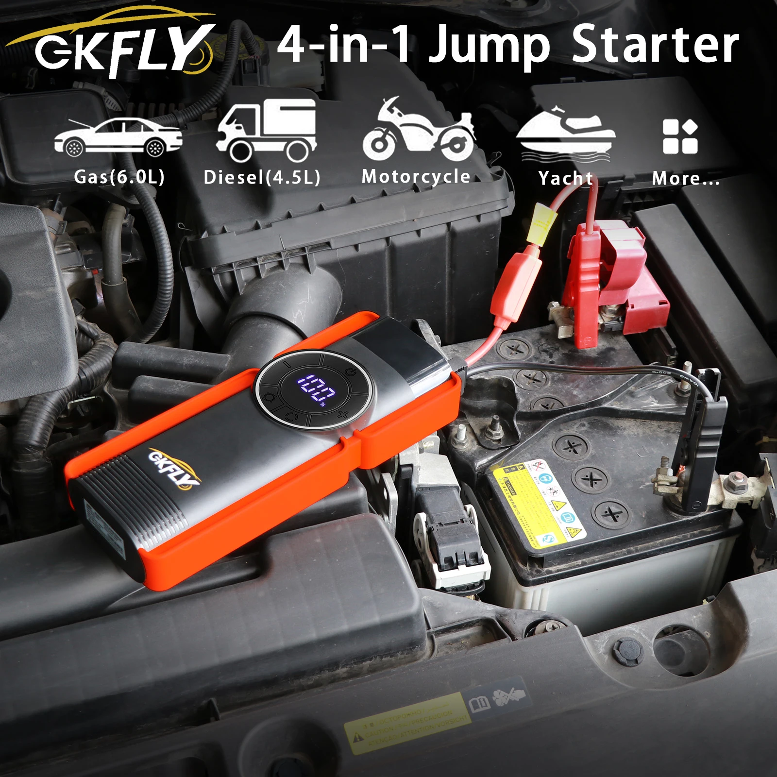 GKFLY Jump Starter 4 in 1 Pump Air Compressor 1000A Power Bank 12V Digital Tire Inflator 150PSI Emergency Battery Booster