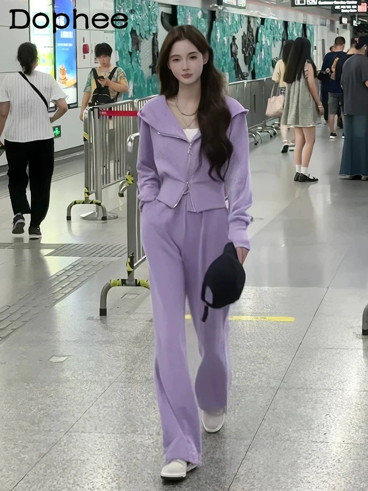 

Street Western Style Hooded Sweatshirt Suit Women Autumn New Casual Hoodies Short Coat Wide Leg Pants Sweatpants Two-Piece Sets