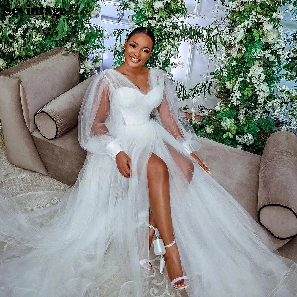 

Beach Bohemia Side Split Wedding Dress Sexy V Neck Illusion Sleeves See Through Tulle Bridal Gowns African Vestido De Novia