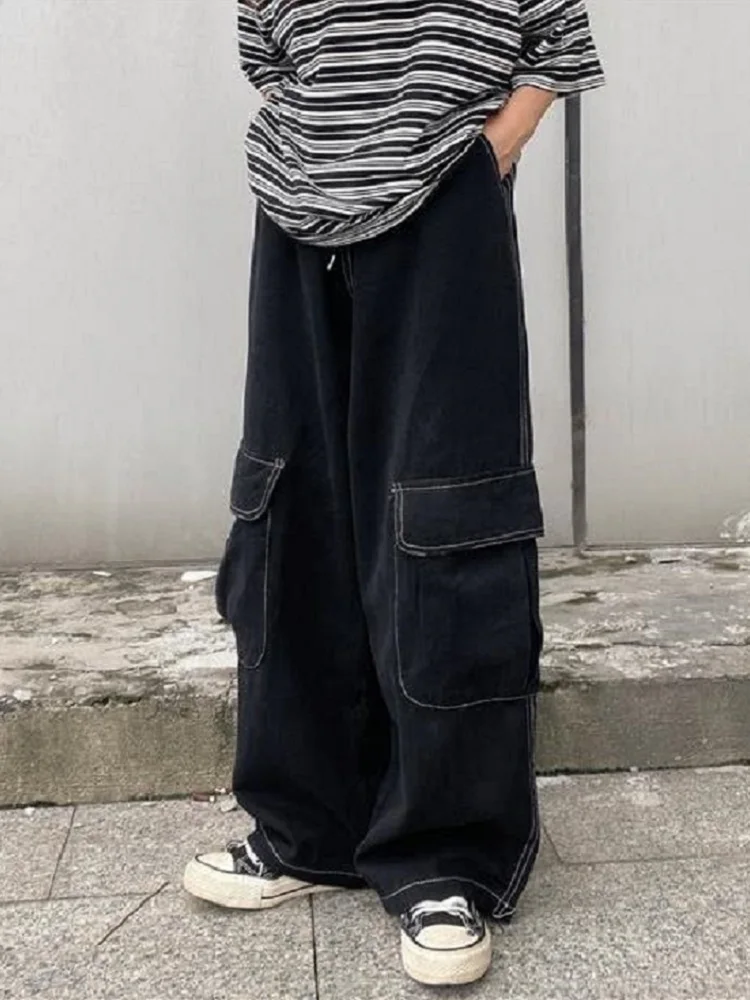 HOUZHOU Harajuku Oversize Black Cargo Pants Women Japanese Streetwear Loose Wide Leg Trousers for Female Pockets Grunge Techwear