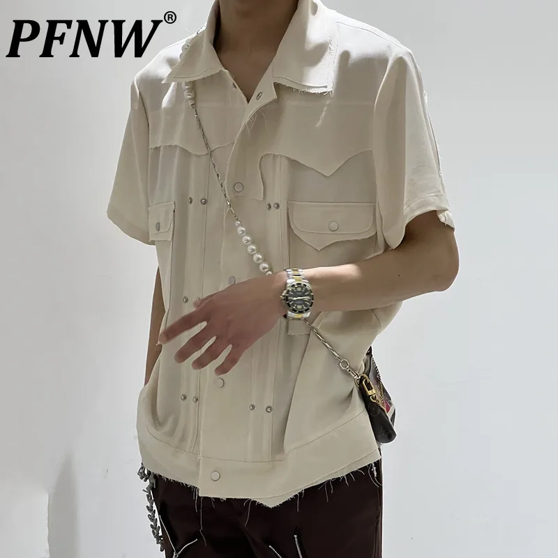 

PFNW Spring Summer New Men's Fashion Short Sleeve Shirt Korean Baggy Pockets Raw Edge Stylsih Casual Relaxed Niche Tops 28A1800
