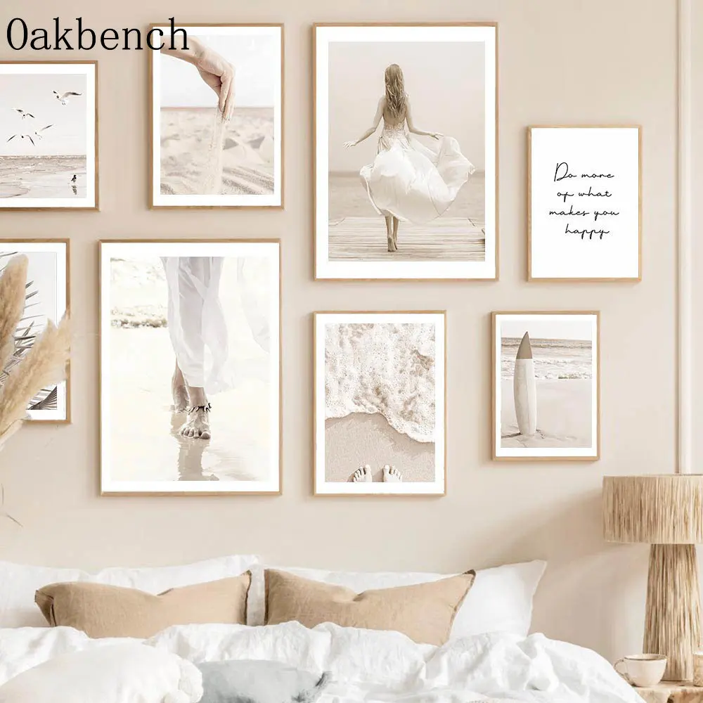 Бежевый холст плакат морской пляж настенное искусство ручной песок принт