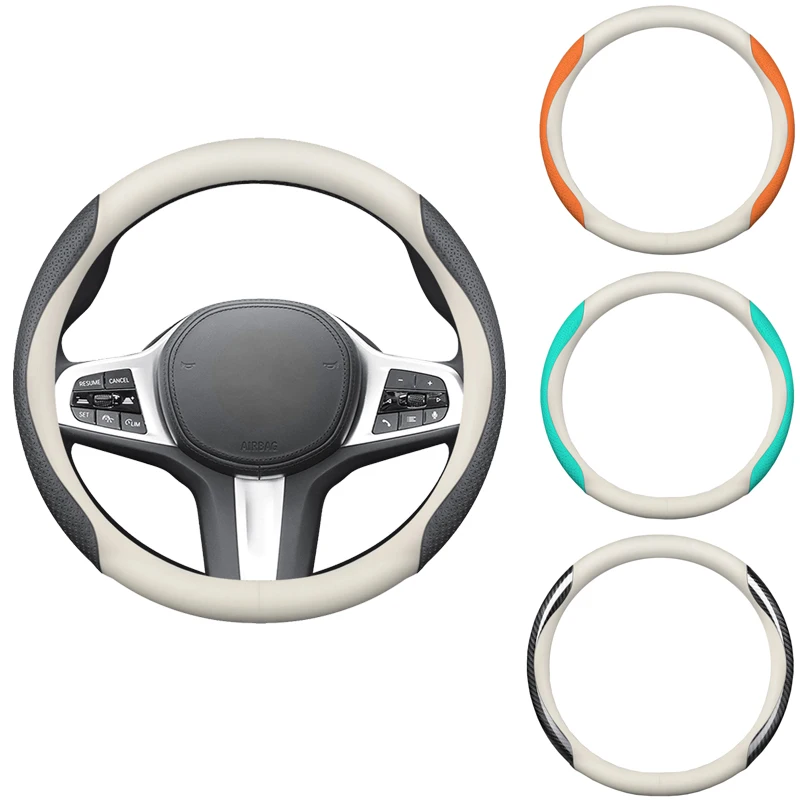 

38cm 15" Car Steering Wheel Cover Carbon Fiber White Nappa Leather Protection Covers Anti Slip Breathable Auto Accessories