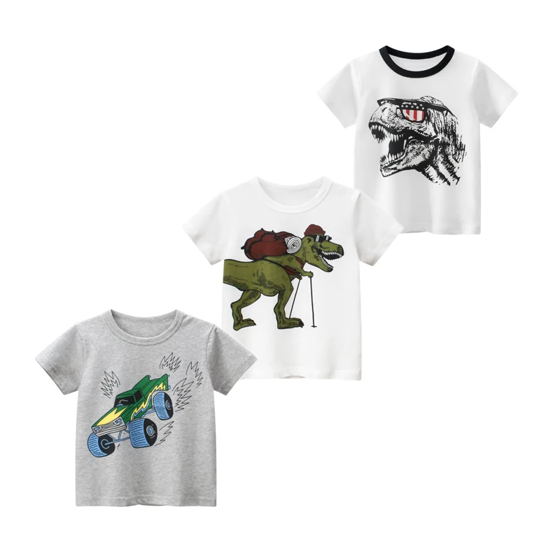 

27kids Summer Boys T-shirts Knitting Cartoon Dinosaur Bigfoot Car Short Sleeve Cotton Casual Soft Breathable Top Baby Clothes