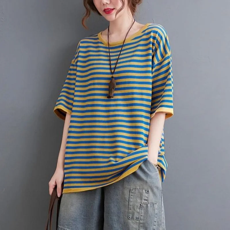 

2023 New Summer Art Retro Simple Oversized Loose Casual Sports Stripe Round Neck Short Sleeve Fashion Trend Women's T-shirt