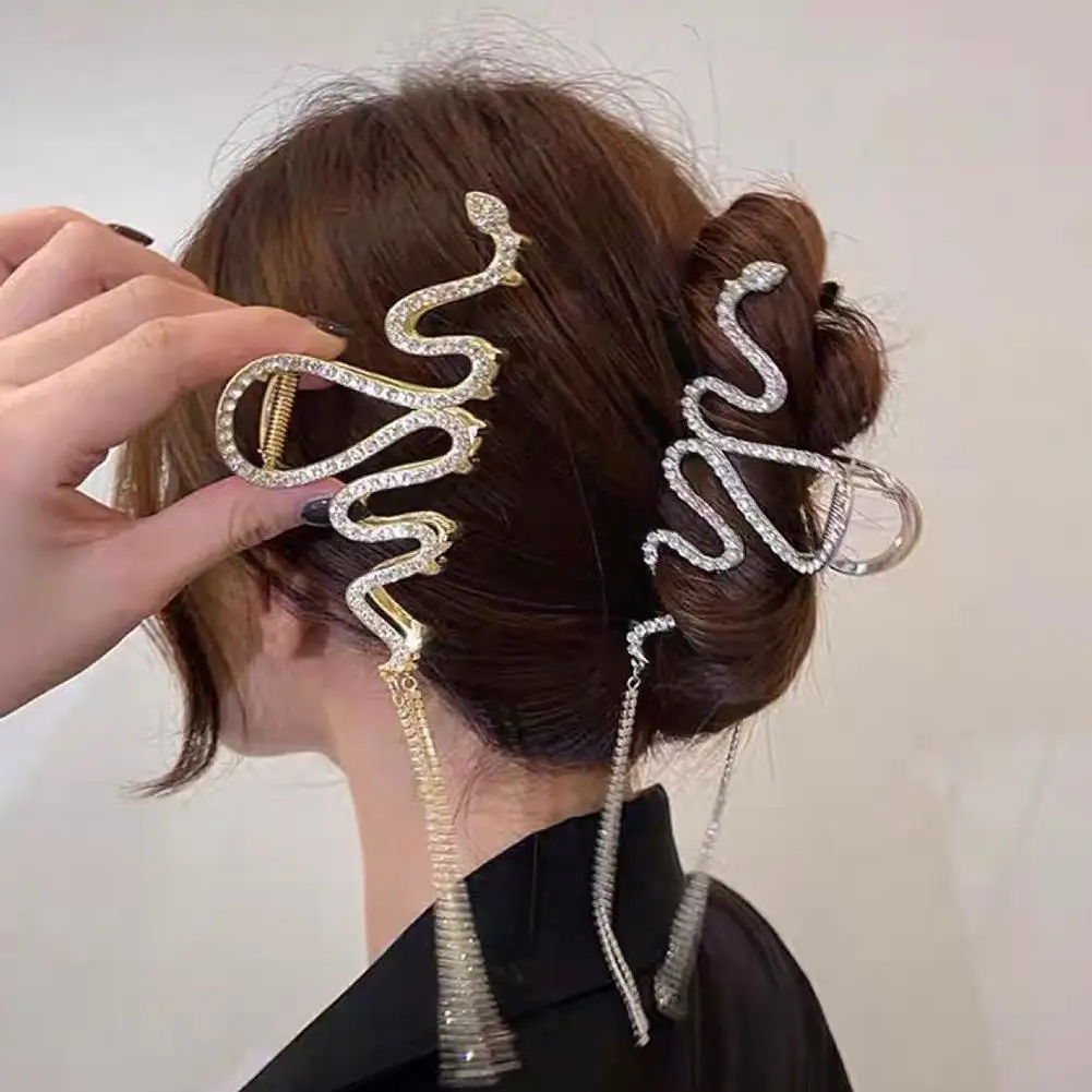 

Women Hairpin Rhinestone Snake Shape Tassel Metal Shark Hair Accessories Claws Irregular Curve Shiny Hair Girls Clip B8N8