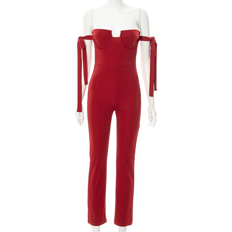 Spaghetti Pearl Off Shoulder Bow Bandage Women Jumpersuit Bodycon Sexy Elegant One Piece Outfit Night Party Clubwear Casual