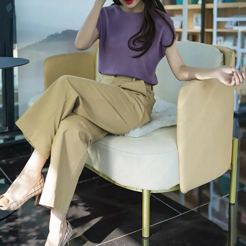 Брюки женские Прямые хлопковые с завышенной талией Свободные повседневные штаны