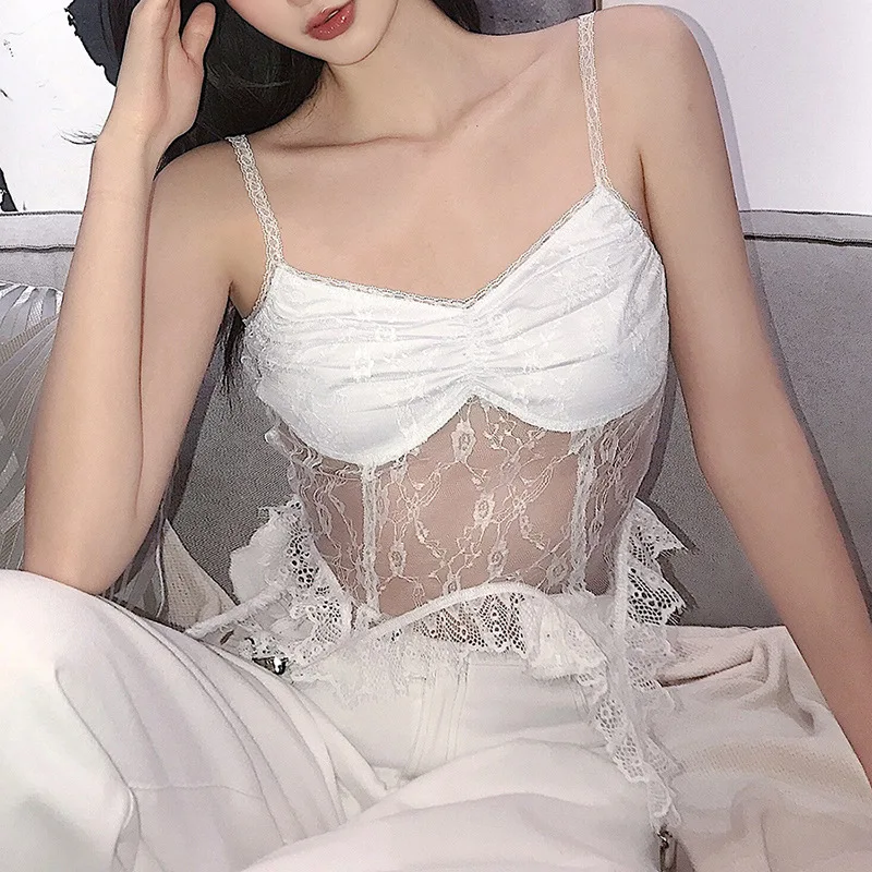 

Korean Top Shirt Neck Perspective Tulle Lace Hem Irregular Sling Vest Camis Lace Patchwork Bustier Low Basic Tube Women Crop Top