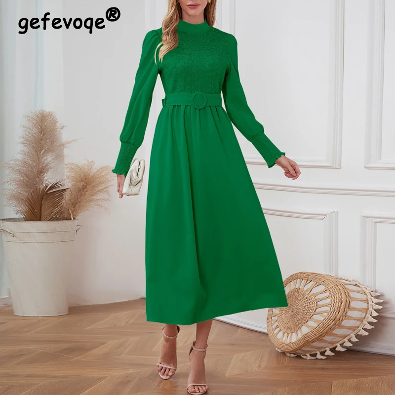 

Vintage Belt High Waist Elegant Party Dresses for Women 2023 Fashion Solid Half High Collar Slim Office Lady Midi Dress Vestidos